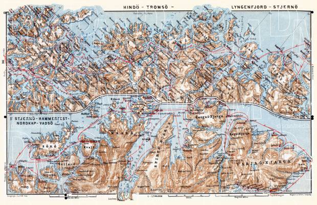 Hindö - Tromsö - Lyngenfjord - Stjernö. Stjernö - Hammerfest - Nordkap - Vadsö tourist route maps, 1910. Use the zooming tool to explore in higher level of detail. Obtain as a quality print or high resolution image