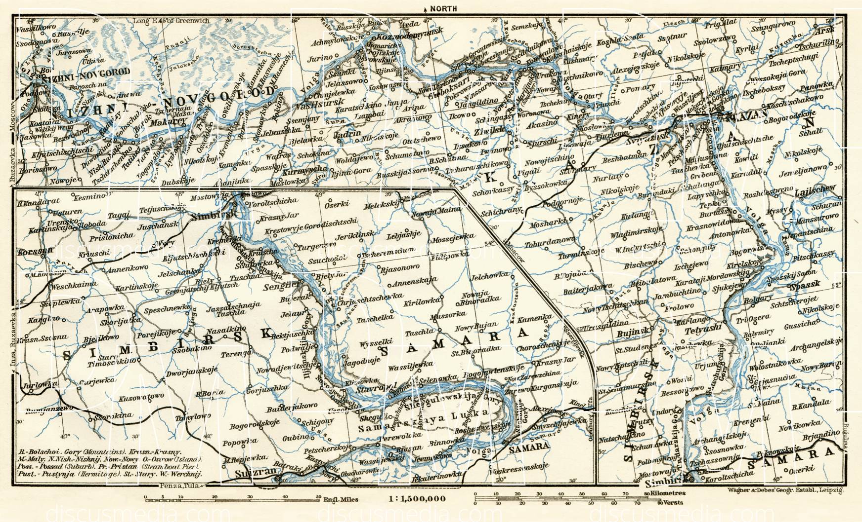 Old map of the Middle Volga River from Nizhny Novgorod to Syzran in