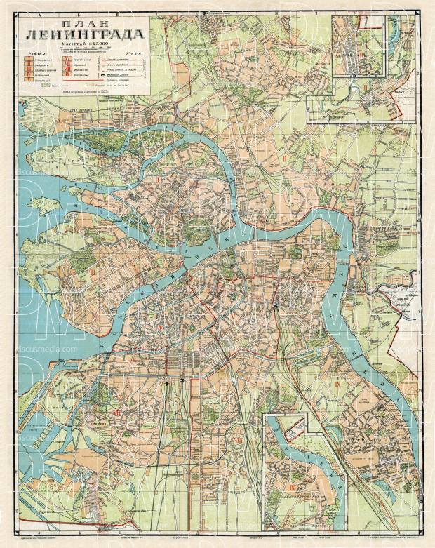 Leningrad (Ленинград, Saint Petersburg) city map, 1935. Use the zooming tool to explore in higher level of detail. Obtain as a quality print or high resolution image