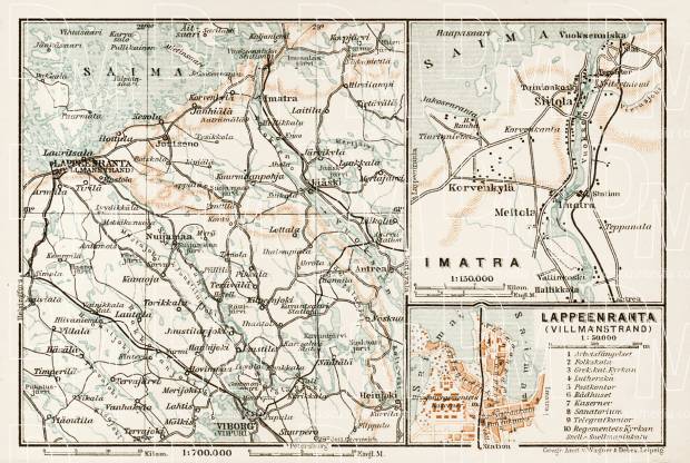 Willmanstrand (Lappeenranta) to Viborg (Viipuri) region map. Willmanstrand town plan, Imatra region map, 1929. Use the zooming tool to explore in higher level of detail. Obtain as a quality print or high resolution image