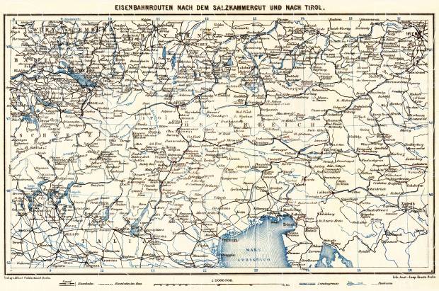 Railway map of Tyrol (Tirol) and Salzkammergut, 1911. Use the zooming tool to explore in higher level of detail. Obtain as a quality print or high resolution image