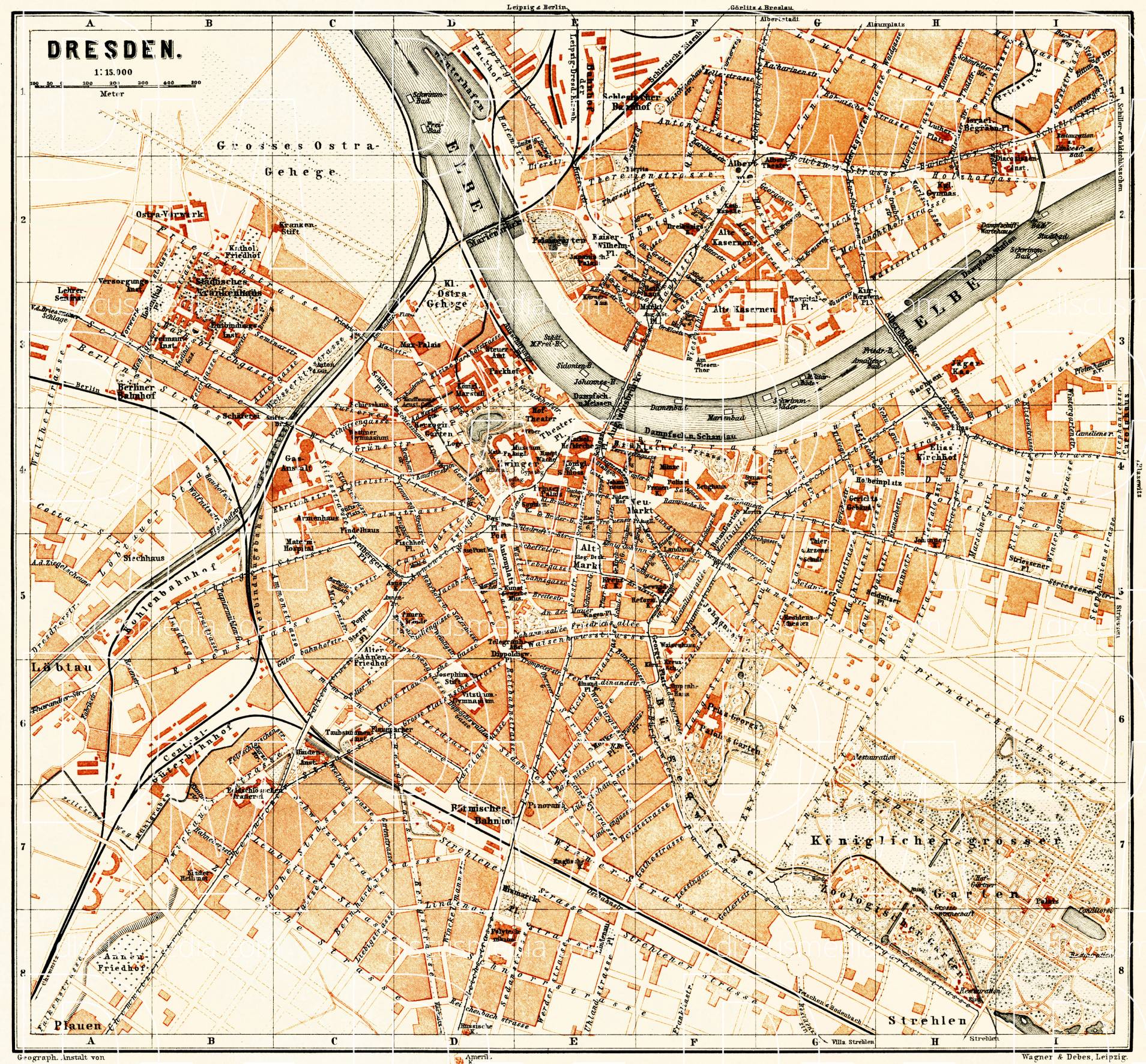 Old map of Dresden in 1887. Buy vintage map replica poster print or download picture