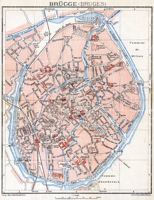 Brügge (Bruges) city map, 1908. Use the zooming tool to explore in higher level of detail. Obtain as a quality print or high resolution image