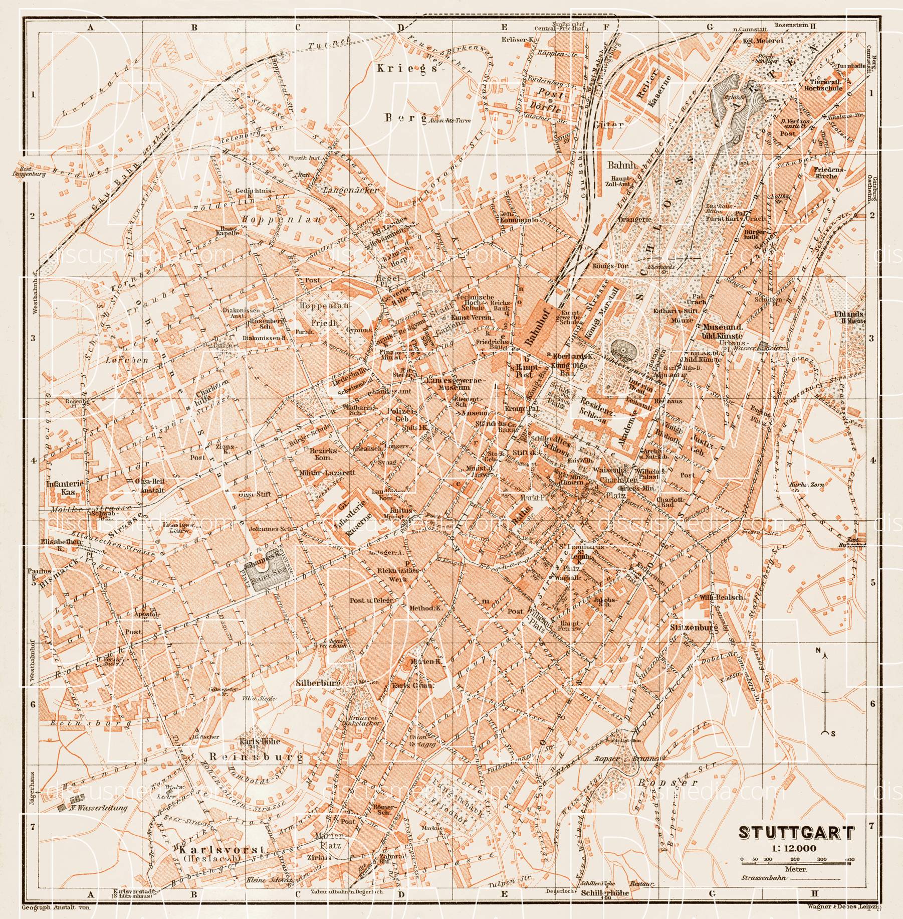Old map of Stuttgart in 1909. Buy vintage map replica poster print or