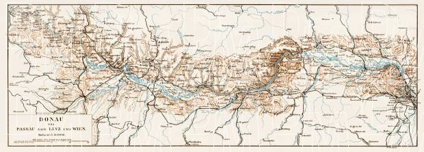 Danube River course map from Passau to Vienna, 1903. Use the zooming tool to explore in higher level of detail. Obtain as a quality print or high resolution image
