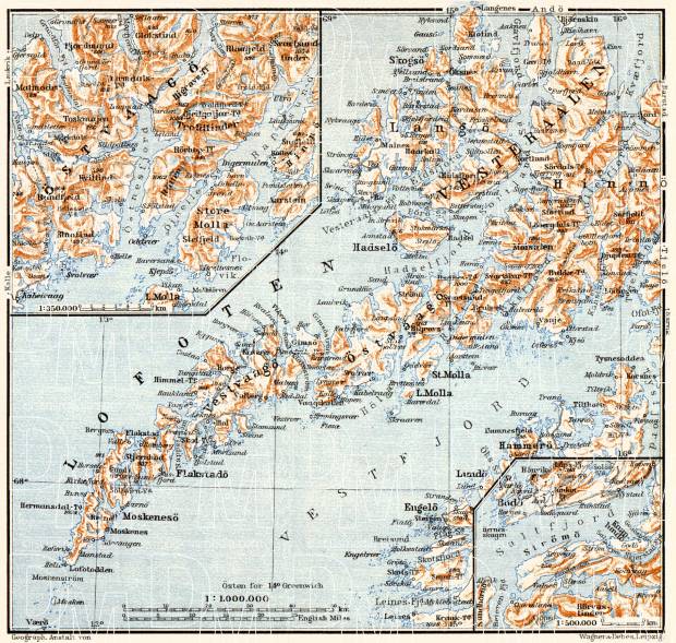 Lofoten Islands and Östvaagö (Østvagøy) map, 1910. Use the zooming tool to explore in higher level of detail. Obtain as a quality print or high resolution image