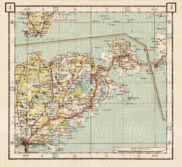 Estonian Road Map, Plate 4: Eastern Saaremaa. 1938. Use the zooming tool to explore in higher level of detail. Obtain as a quality print or high resolution image