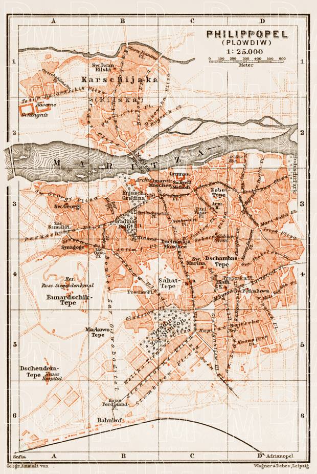 Philippopel (Plovdiv, Пловдивъ) city map, 1914. Use the zooming tool to explore in higher level of detail. Obtain as a quality print or high resolution image