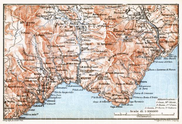 Cava de Tirreni to Amalfi district map, 1898. Use the zooming tool to explore in higher level of detail. Obtain as a quality print or high resolution image