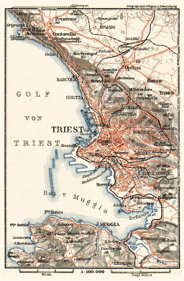 Triest (Trieste) environs map, 1911. Use the zooming tool to explore in higher level of detail. Obtain as a quality print or high resolution image