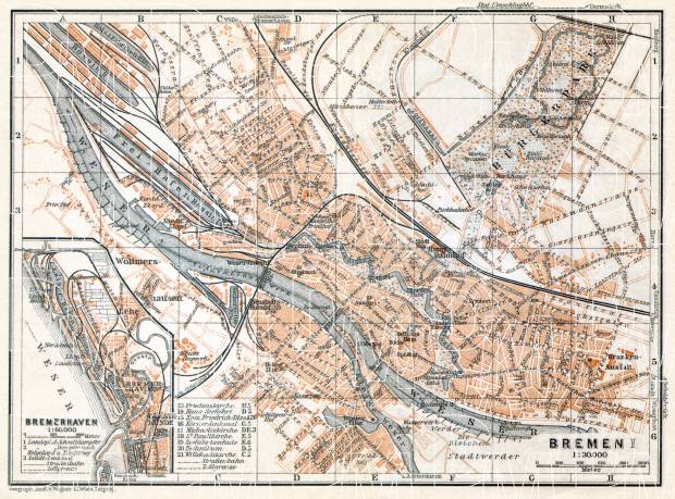 Bremen, city map. Bremerhaven city map, 1906. Use the zooming tool to explore in higher level of detail. Obtain as a quality print or high resolution image