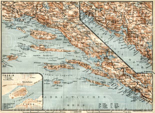 Dalmatian coast from Marina (Bossoglina) to Bari (Antivari) district map. Traù (Trogir) town plan, 1929. Use the zooming tool to explore in higher level of detail. Obtain as a quality print or high resolution image