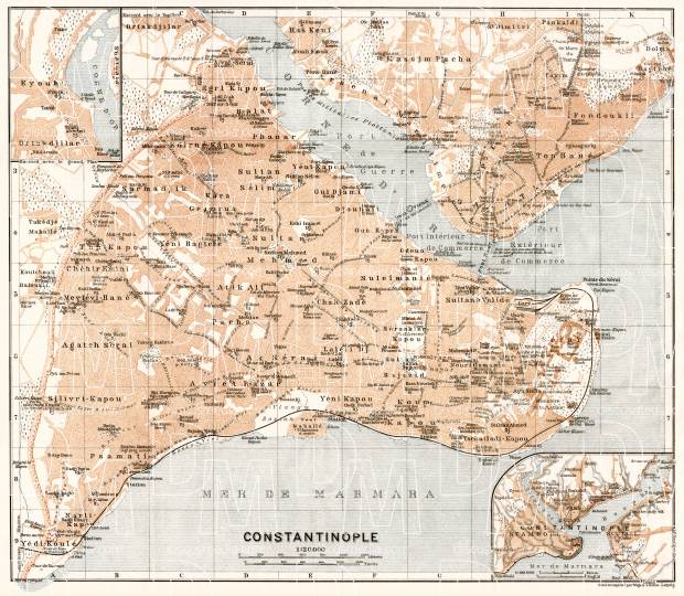 Constantionople (قسطنطينيه, İstanbul, Istanbul) city map, 1911. Use the zooming tool to explore in higher level of detail. Obtain as a quality print or high resolution image
