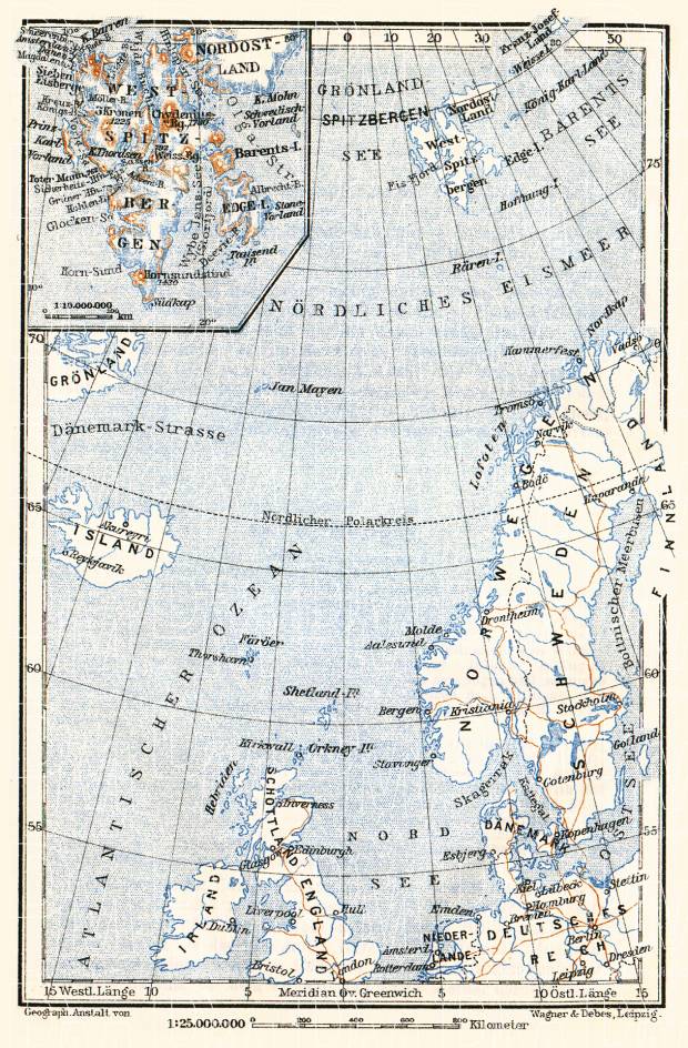Svalbard and its location map, 1910. Use the zooming tool to explore in higher level of detail. Obtain as a quality print or high resolution image