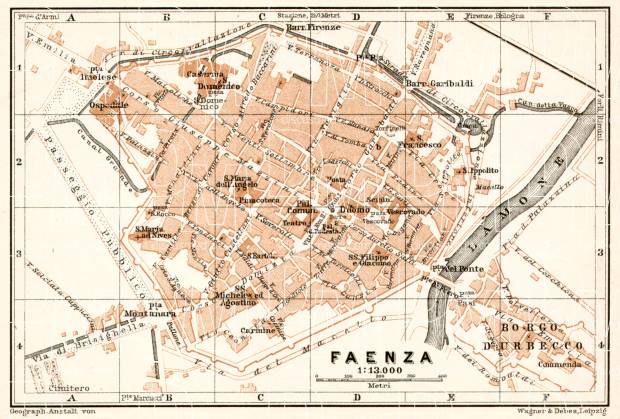 Faenza city map, 1909. Use the zooming tool to explore in higher level of detail. Obtain as a quality print or high resolution image