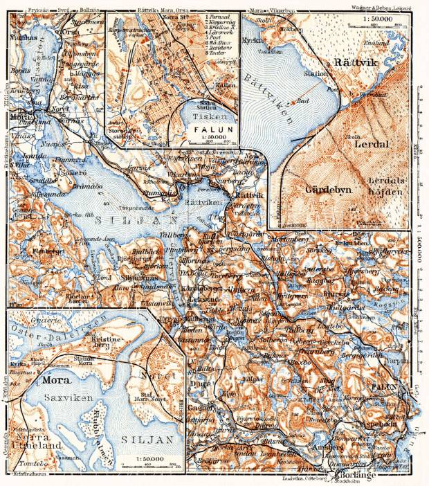 Mora, Falun, Rättvik and environs map, 1910. Use the zooming tool to explore in higher level of detail. Obtain as a quality print or high resolution image
