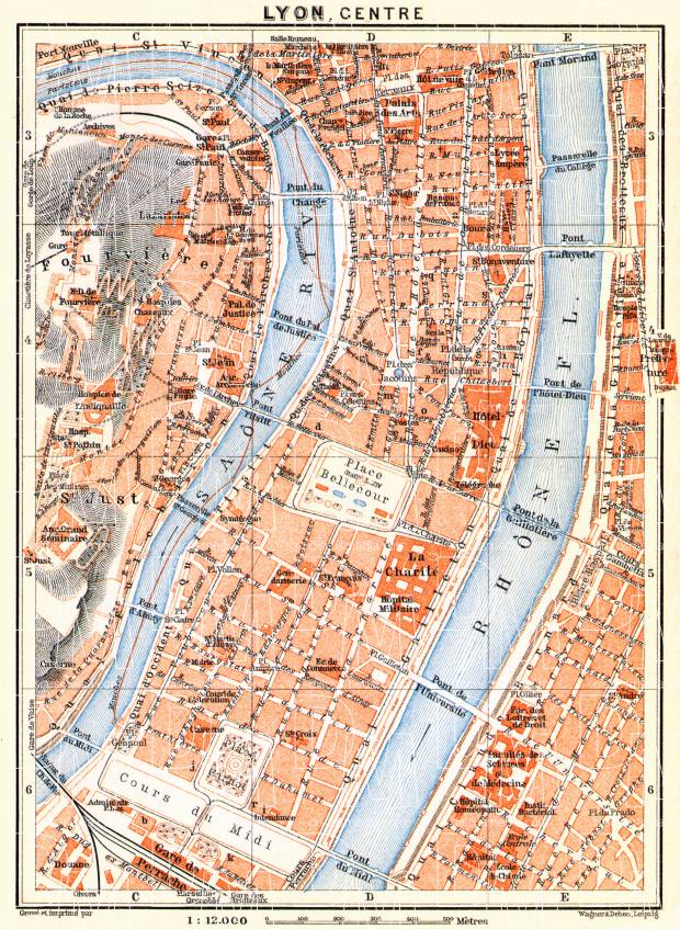 Lyon central part map, 1913. Use the zooming tool to explore in higher level of detail. Obtain as a quality print or high resolution image
