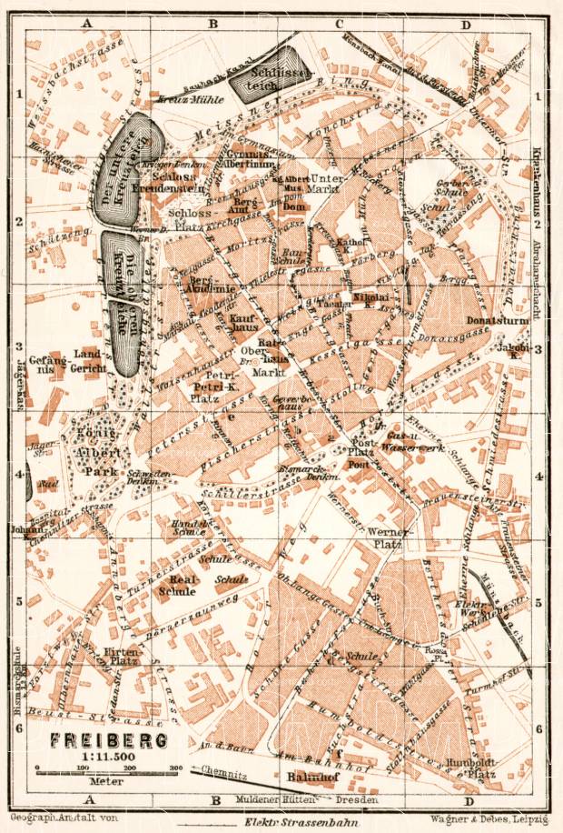 Freiberg city map, 1911. Use the zooming tool to explore in higher level of detail. Obtain as a quality print or high resolution image