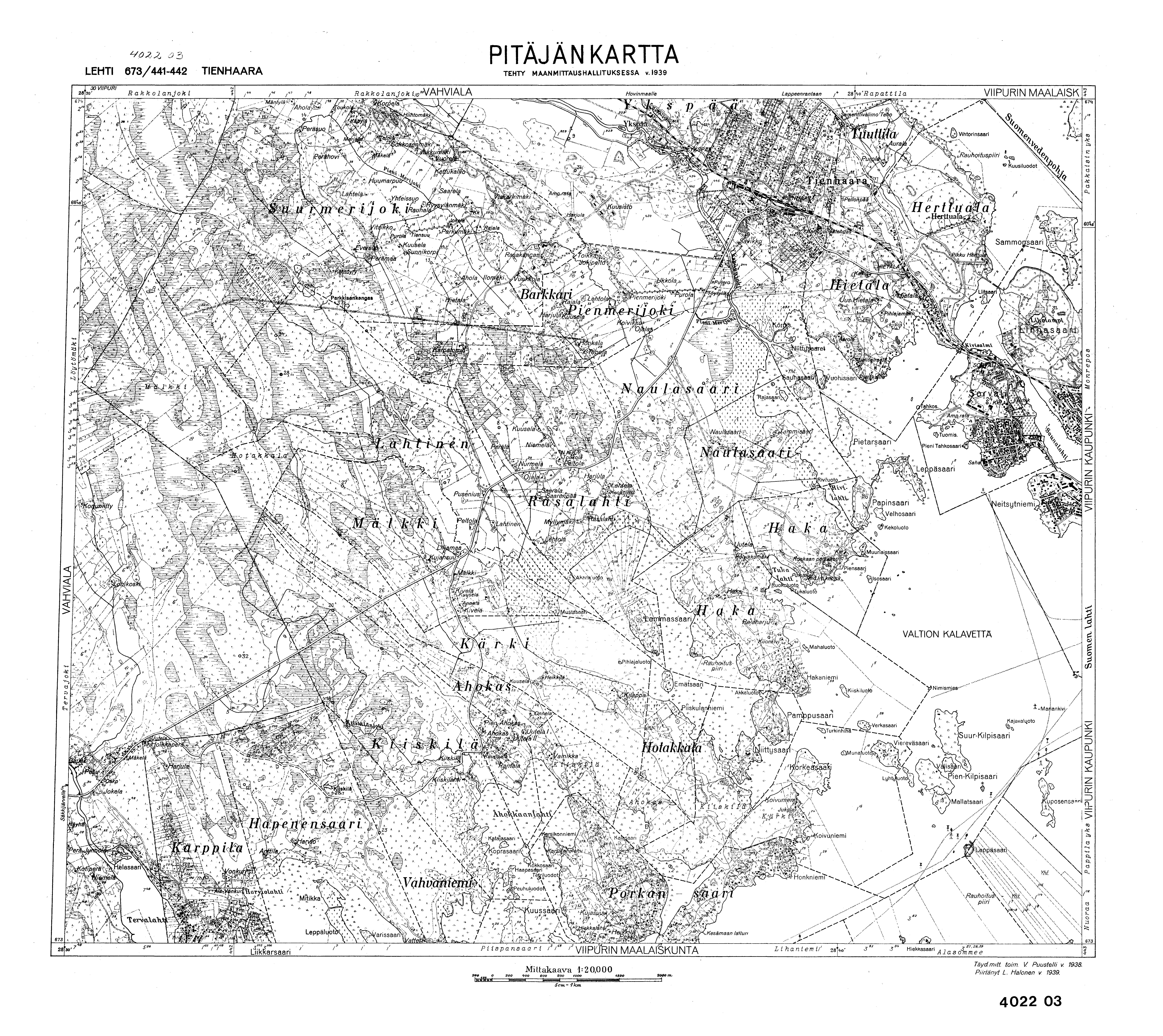 Seleznjovo. Tienhaara. Pitäjänkartta 402203. Parish map from 1939. Use the zooming tool to explore in higher level of detail. Obtain as a quality print or high resolution image