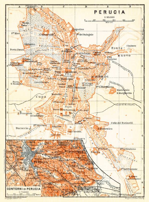Perugia city map, Perugia environs map, 1898. Use the zooming tool to explore in higher level of detail. Obtain as a quality print or high resolution image