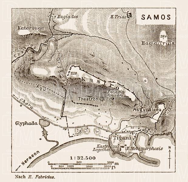 Samos (Σάμος), ancient site map drawn after Ernst Fabricius, 1914. Use the zooming tool to explore in higher level of detail. Obtain as a quality print or high resolution image