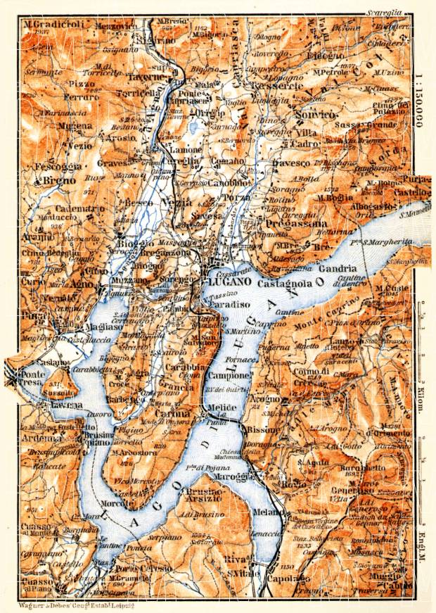 Lugano and environs map, 1897. Use the zooming tool to explore in higher level of detail. Obtain as a quality print or high resolution image