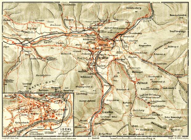 Bad Ischl (Ischl) and environs, map, 1913. Use the zooming tool to explore in higher level of detail. Obtain as a quality print or high resolution image