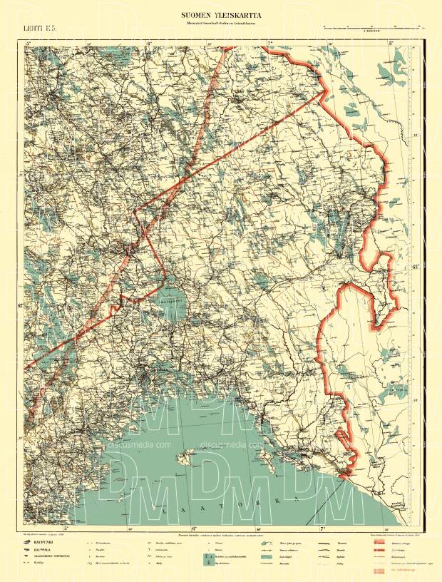 Ilomantsi - Sortavala - Salmi. Yleiskartta E5. General map from 1940. Use the zooming tool to explore in higher level of detail. Obtain as a quality print or high resolution image