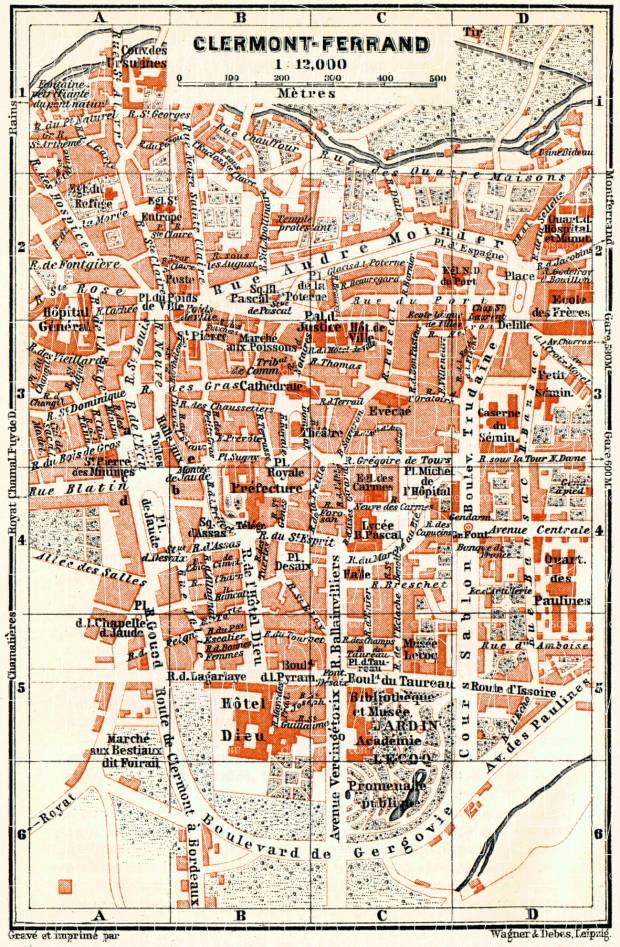 Old map of ClermontFerrand in 1885. Buy vintage map replica poster print or download picture