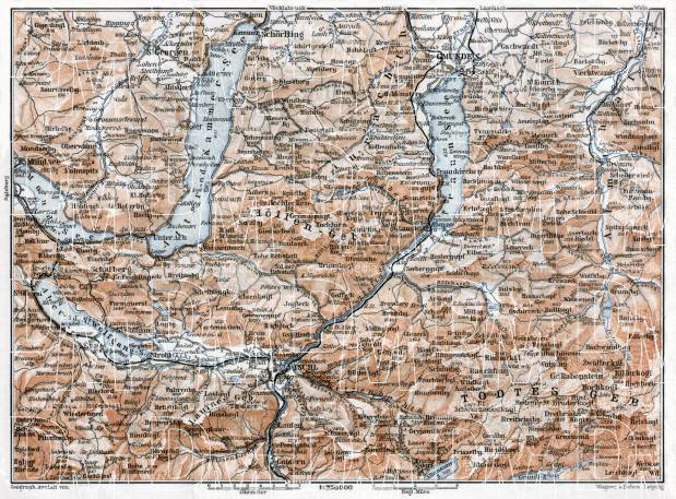 Salzkammergut region map (northern part), 1910. Use the zooming tool to explore in higher level of detail. Obtain as a quality print or high resolution image