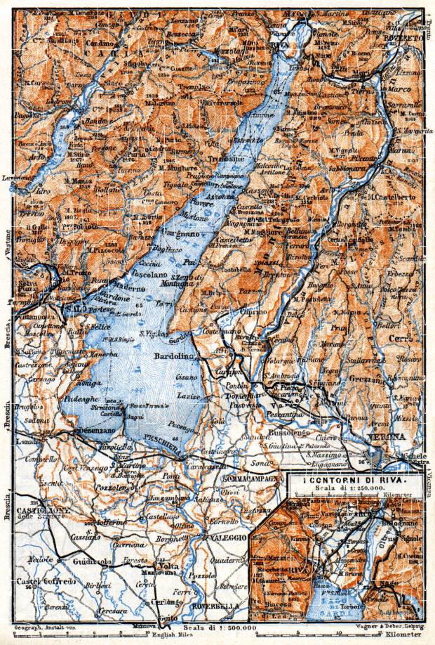 Garda Lake and environs map, 1911. Use the zooming tool to explore in higher level of detail. Obtain as a quality print or high resolution image