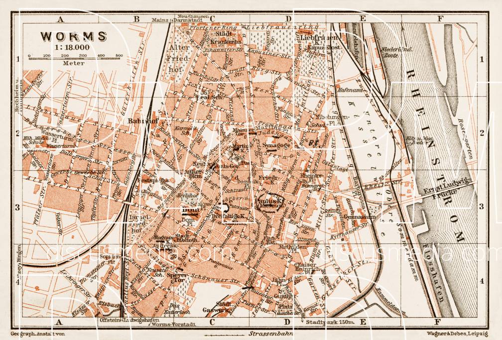 Old map of Worms in 1909. Buy vintage map replica poster print or