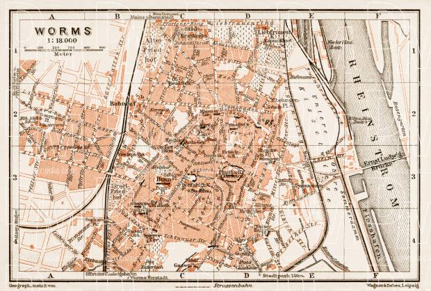 Worms city map, 1909. Use the zooming tool to explore in higher level of detail. Obtain as a quality print or high resolution image