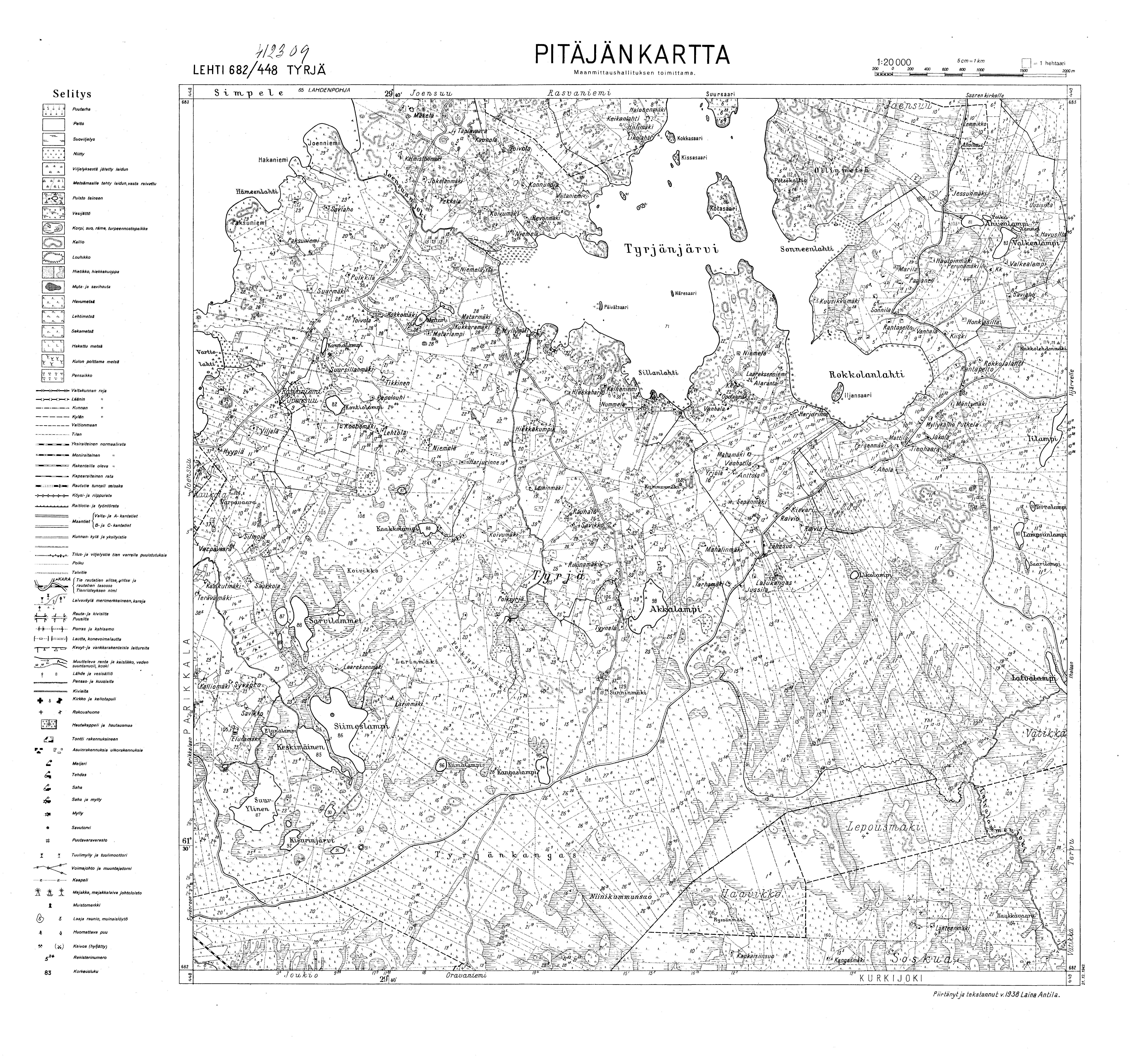 Tyrjä. Pitäjänkartta 412309. Parish map from 1938. Use the zooming tool to explore in higher level of detail. Obtain as a quality print or high resolution image