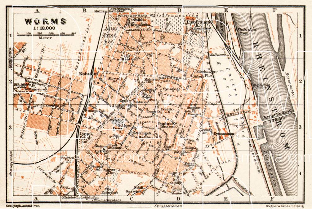 Old map of Worms in 1905. Buy vintage map replica poster print or