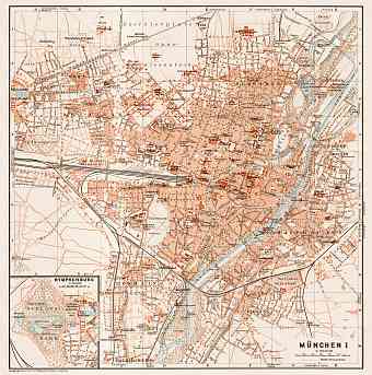 München (Munich) city map, 1909