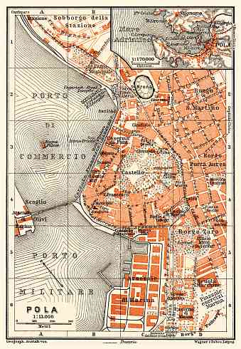 Pola (Pula) city map and environs map, 1911