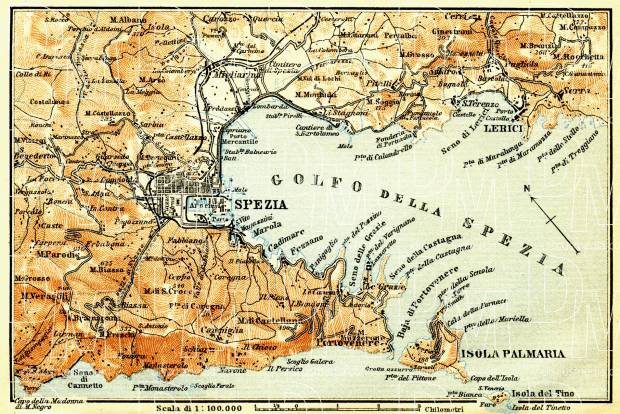 Spezia, environs map, 1908. Use the zooming tool to explore in higher level of detail. Obtain as a quality print or high resolution image
