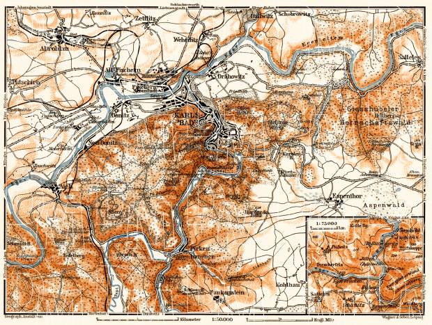 Karlsbad (Karlový Vary) and environs map, 1911. Use the zooming tool to explore in higher level of detail. Obtain as a quality print or high resolution image