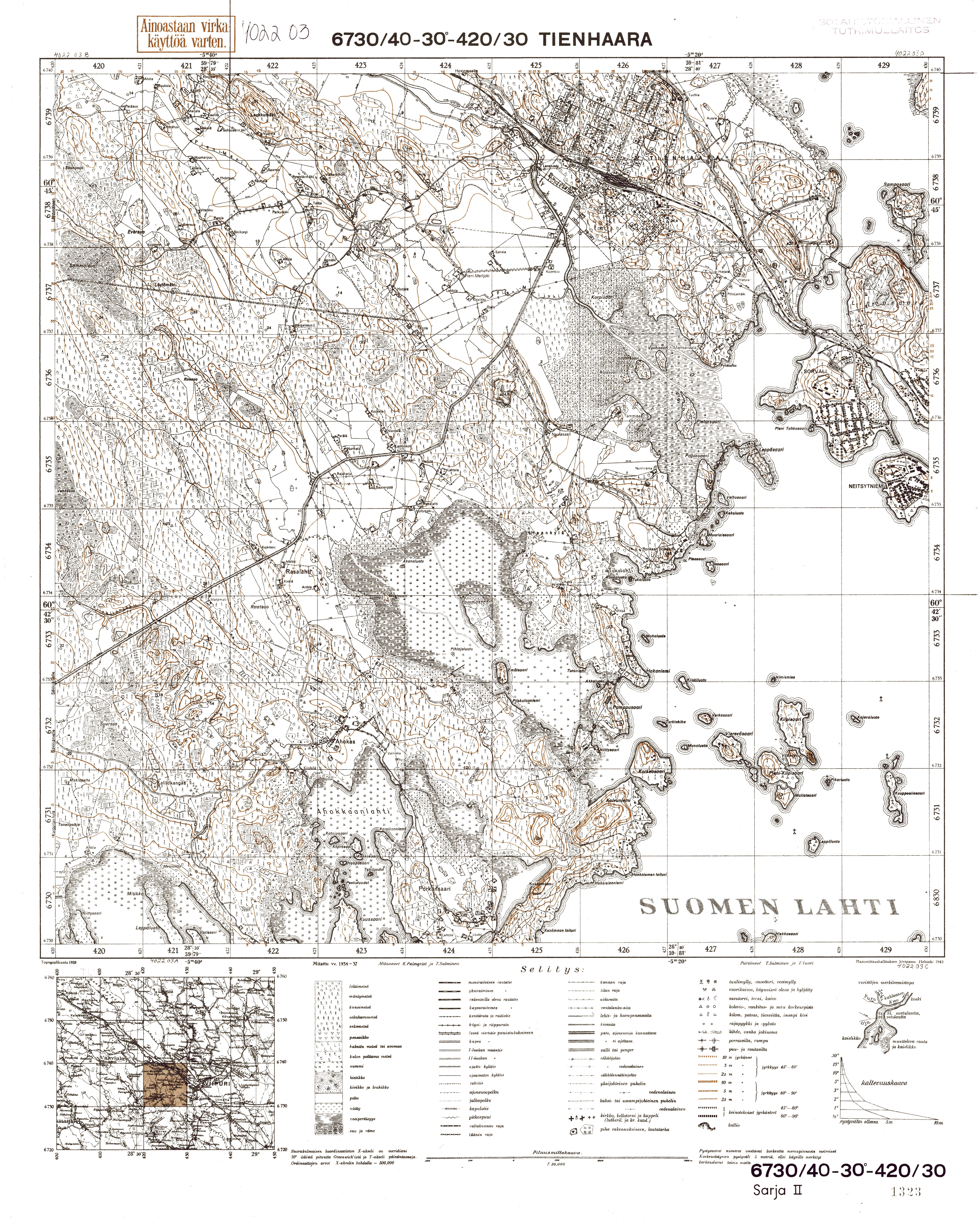 Seleznjovo. Tienhaara. Topografikartta 402203. Topographic map from 1938. Use the zooming tool to explore in higher level of detail. Obtain as a quality print or high resolution image