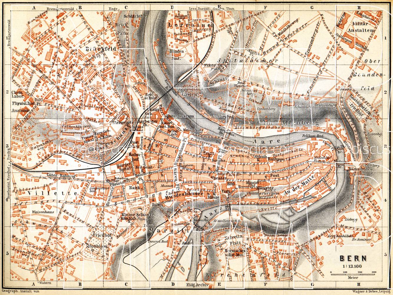 Old map of Berne in 1897. Buy vintage map replica poster print or