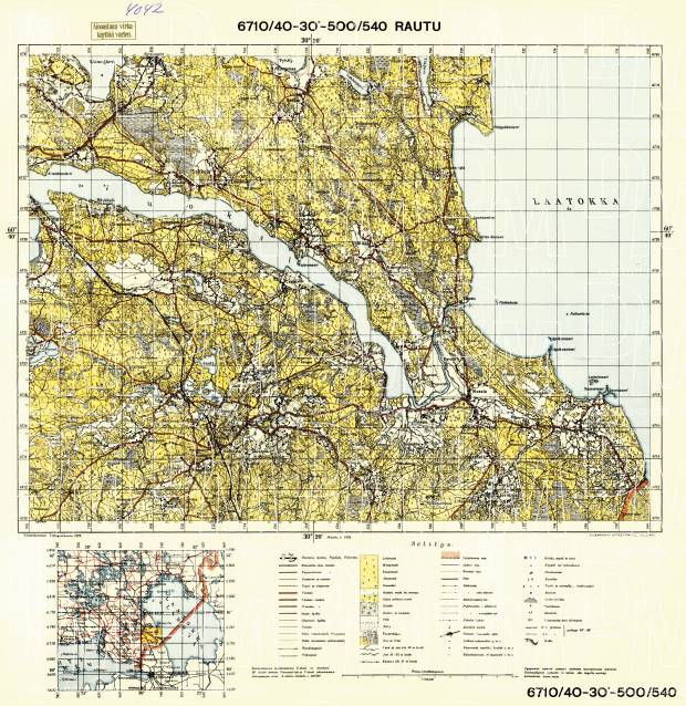 Sosnovo. Rautu. Topografikartta 4042. Topographic map from 1939. Use the zooming tool to explore in higher level of detail. Obtain as a quality print or high resolution image