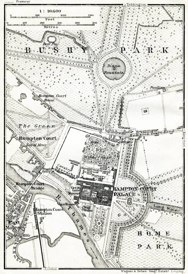 Hampton Court Palace and Bushy Park map, 1909. Use the zooming tool to explore in higher level of detail. Obtain as a quality print or high resolution image