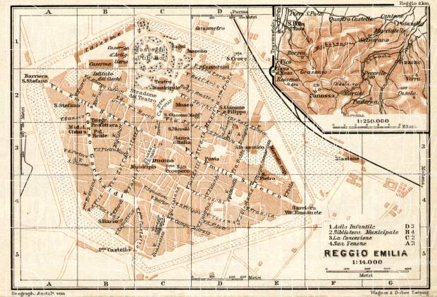 Reggio (Reggio Emilia) city map, 1908. Use the zooming tool to explore in higher level of detail. Obtain as a quality print or high resolution image
