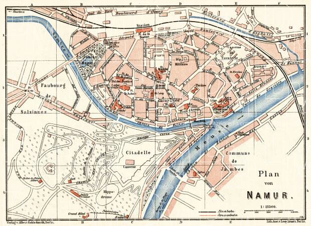 Namur city map, 1908. Use the zooming tool to explore in higher level of detail. Obtain as a quality print or high resolution image