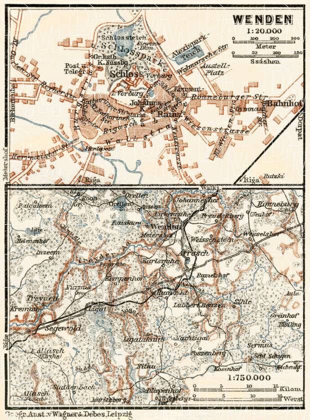 Cesis (Wenden) town plan. Environs of Cesis map, 1914. Use the zooming tool to explore in higher level of detail. Obtain as a quality print or high resolution image