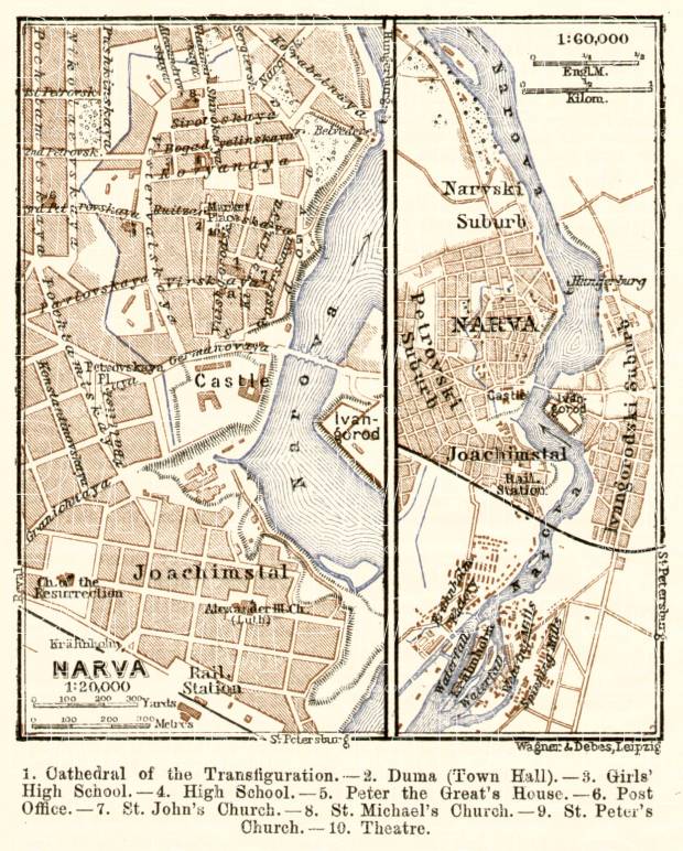 Ivangorod (Иванъ-Городъ) town plan, 1914 (with Narva map). Use the zooming tool to explore in higher level of detail. Obtain as a quality print or high resolution image