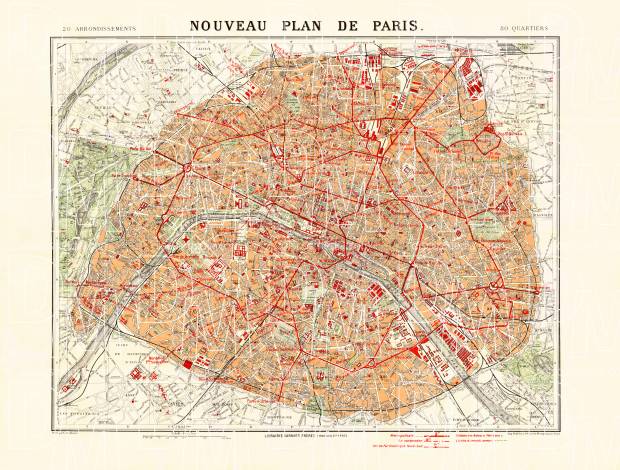 Paris city map (New Plan of Paris), 1912. Use the zooming tool to explore in higher level of detail. Obtain as a quality print or high resolution image