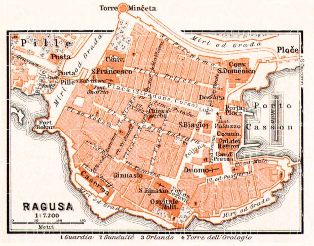 Ragusa (Dubrovnik) city map, 1911. Use the zooming tool to explore in higher level of detail. Obtain as a quality print or high resolution image