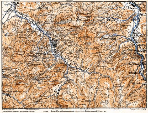 Schwarzwald (the Black Forest). Map of the environs of Baden: Oos - Lichtenthal, 1905. Use the zooming tool to explore in higher level of detail. Obtain as a quality print or high resolution image